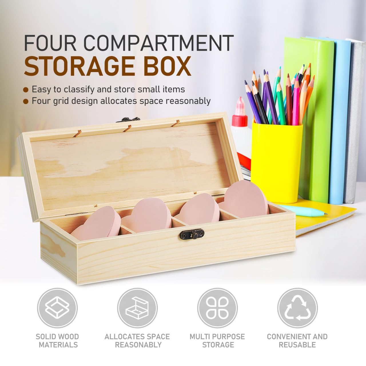 VILLCASE 2er Set Karteikasten Holz, A8 Karteikarten Box mit Deckel & Metallverschluss, Vokabelbox 4 Fächer, Lernkarteibox Karteikartenbox für Büro, Schule & Kleinteile Aufbewahrung (25x9,5x6,5 cm)