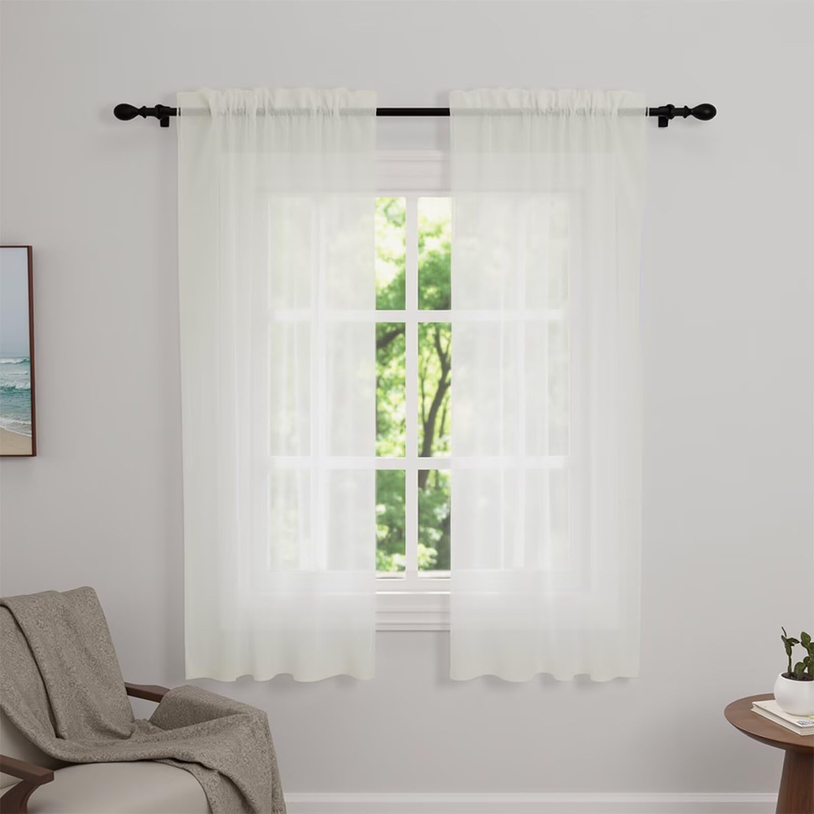 Zdada Net Curtains for Windows 45 Drop, Beige Slot Top Voile Curtains, Semi Transparent Sheer Curtain Net Curtain Panel for Living Room Kitcken W60xL45 Inch,4 Panels — image 1