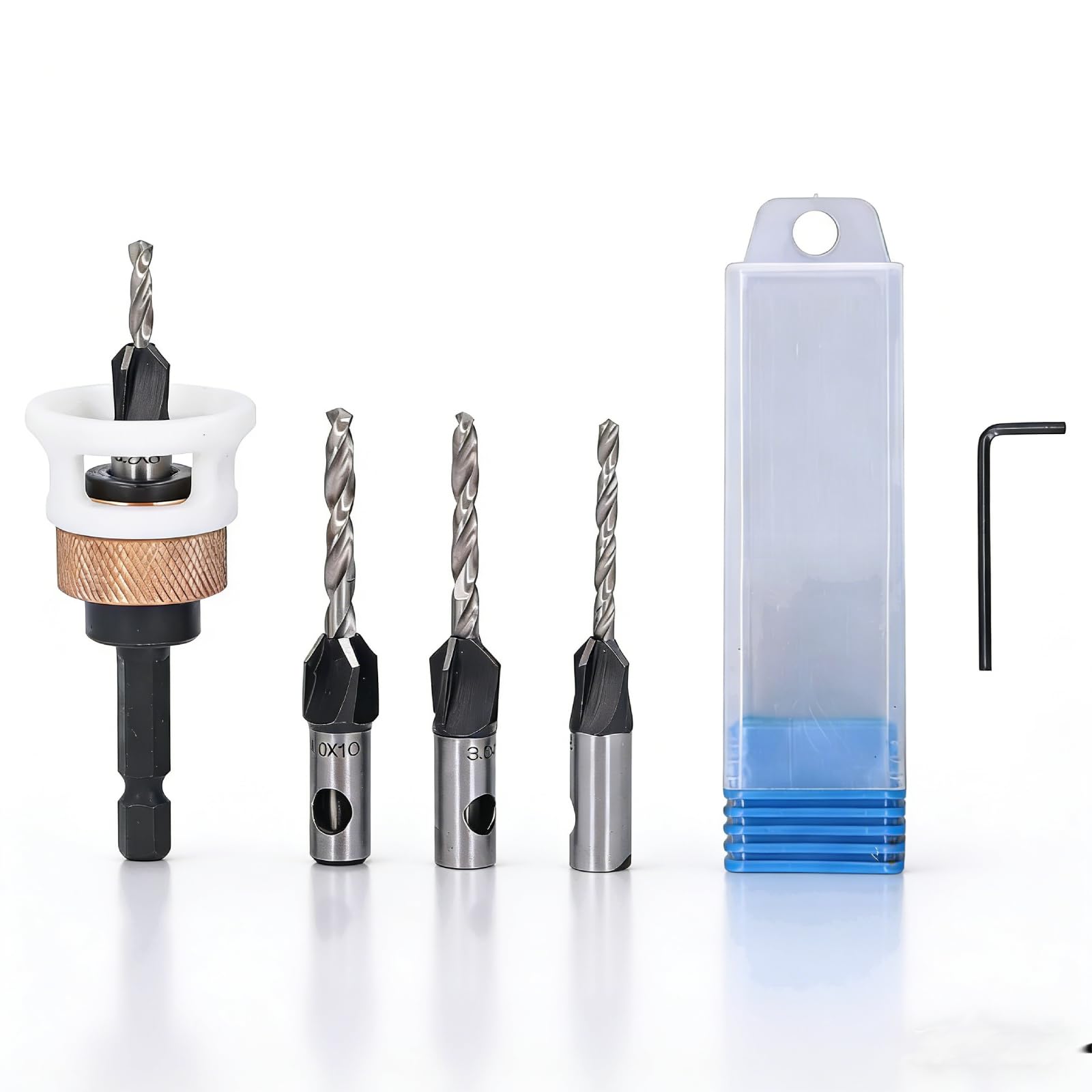 Tungsten Carbide Countersink Drill Bit Set, 90° 4-Flute Woodworking Bits with Adjustable Depth Stop (2.8/3.2/3.5/4.0mm) for Clean Screw Installation in Hardwood Includes Storage Case Wrench