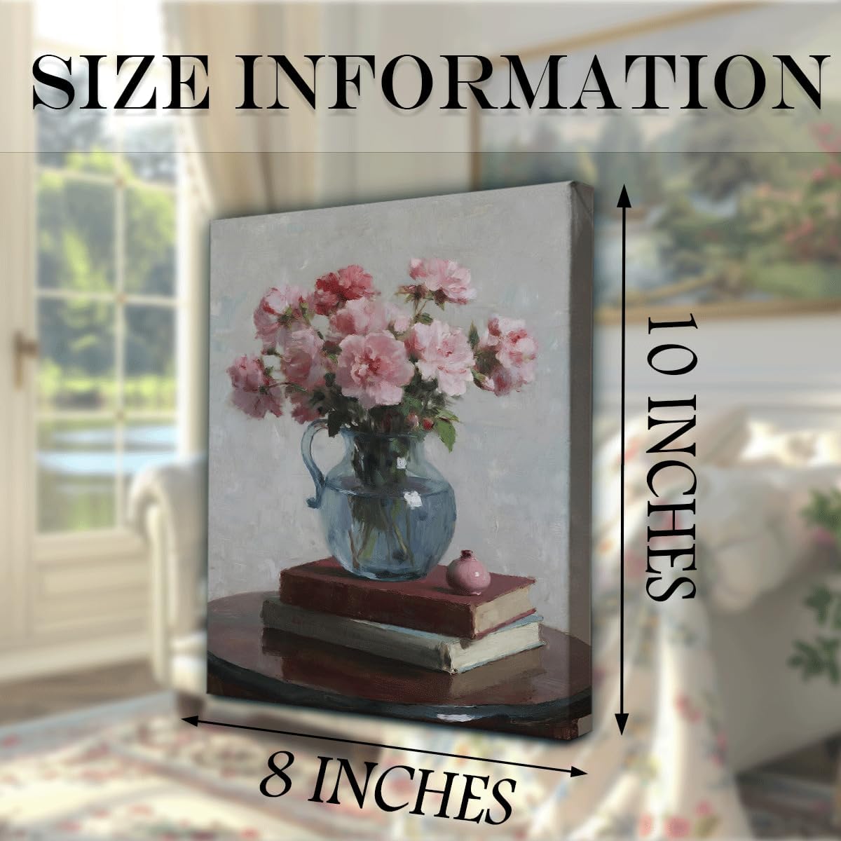 Floral Canvas Wall Art, Pink Rose Bouquet Still Life with Books, Vintage Flower Wall Decor for Kitchen, Dining Room or Study, Classic Oil Painting Print, 8x10 Inches