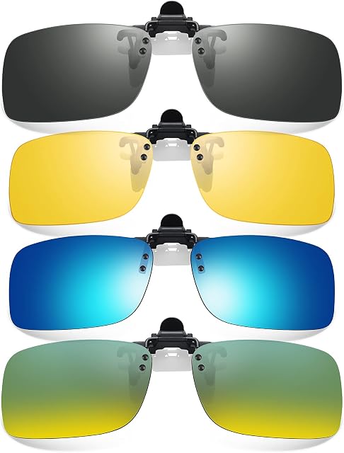 Hifot Clip on Sunglasses 4 Pack, Polarized Lens Fit over Prescription Glasses, Flip up Rimless Myopia Nearsighted Sunglasses for Men Women