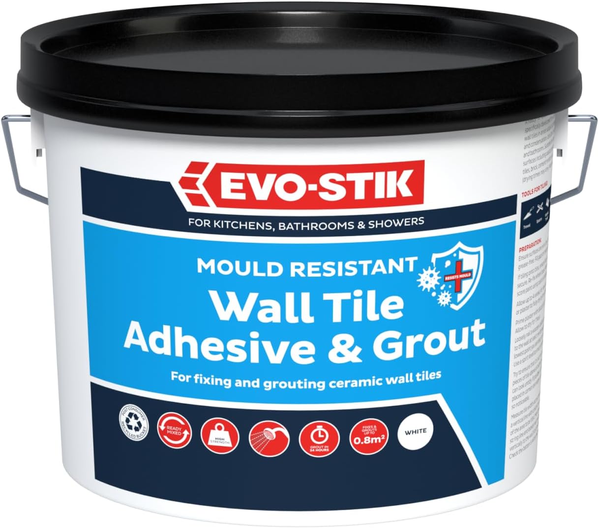 EVO-STIK Wall Tile Adhesive and Grout White 1L - Mould Resistant - Waterproof - Ready to Use