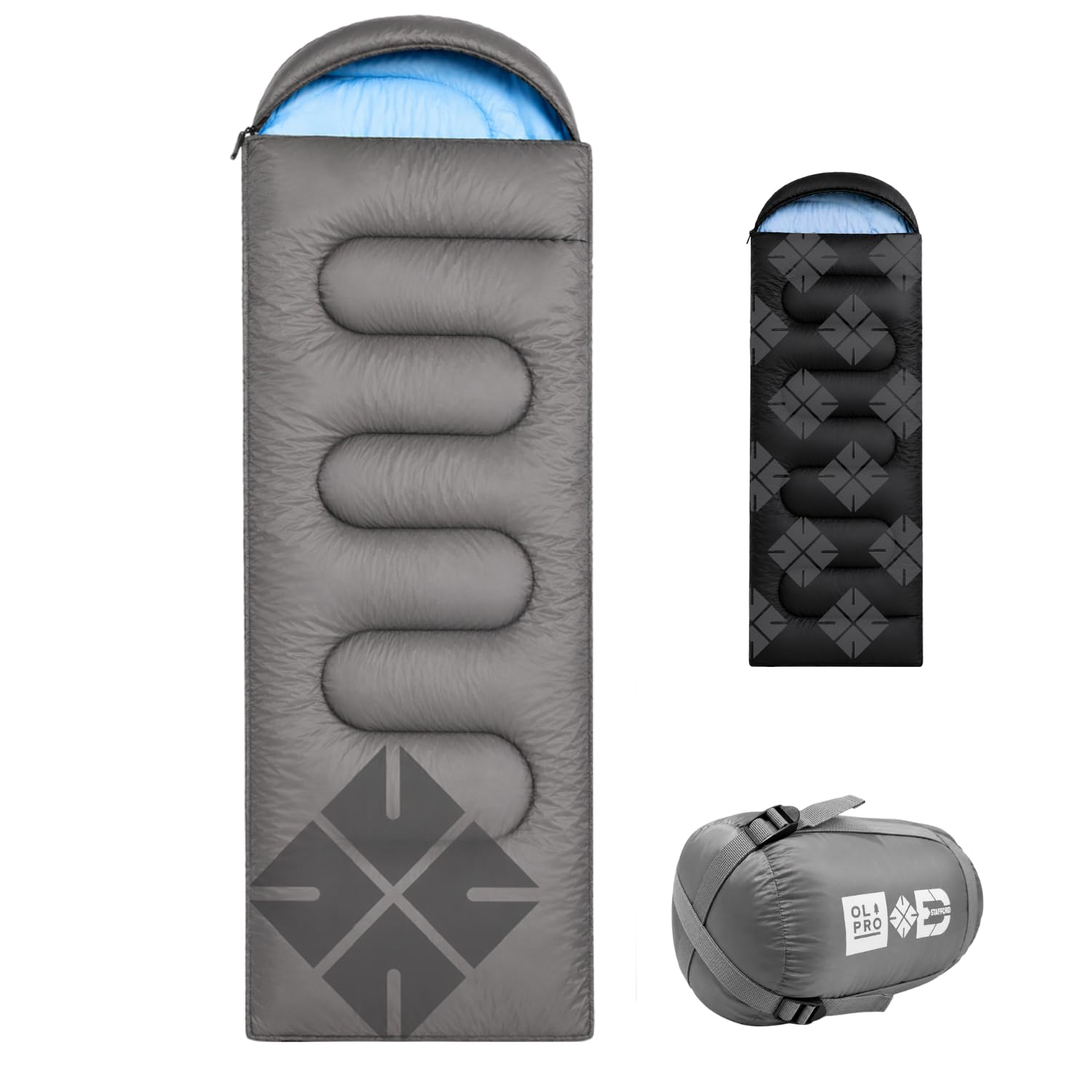 OLPRO The Stafford Sleeping Bag - Grey, Camping, ISO Rated 3 Seasons, Adult, Small Packed Size, lightweight, Compression Stuff Bag, Soft, Insulated, for Camping, Backpacking