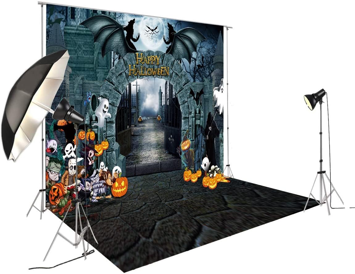 10X10FT Halloween Backdrop Night Scary Castle Pumpkin Moon Bat Graveyard Happy Halloween Party Banner Photography Backdrop Photo Background DH-205