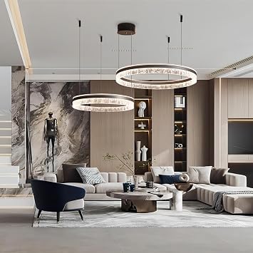 Modern Aluminium Pendant Light LED Dimmable Pendant Lamp Dining Table Lamp 135 W 3-Ring Height Adjustable Pendant Light Brown Acrylic Chandelier with Remote Control Living Room Dining Room Pendant Lamp (Size: