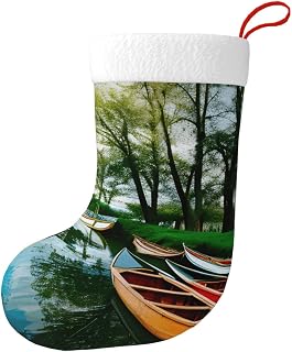 Lake With Boats Canoes Park Print Christmas Stocking Festive Personalized Decor Holiday Family Xmas Gatherings Socks