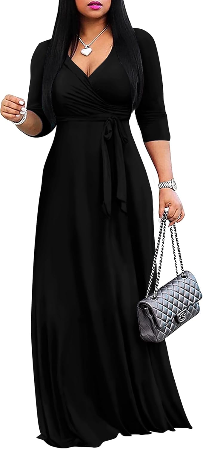 AOMONI Women's Floral Print Maxi Dresses Summer with Pockets Casual 3 4 Sleeve V-Neck Wrap Tie Waist Long Dress, M-3XL