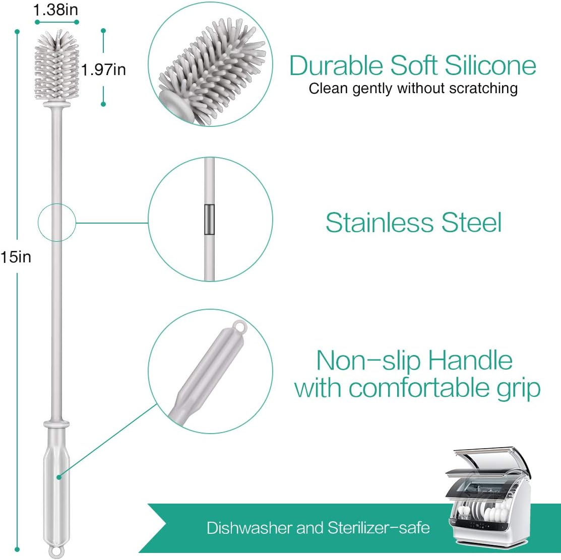 Buy 1 get 1 ORIA Bottle Cleaning Brush, Long Silicone Bottle Brush, Tube Nozzle Water Bottle, Bendable Kitchen Cleaning Brush Set for Narrow Long Neck Bottles, Water Cup, Wine Bottles, Baby Bottles