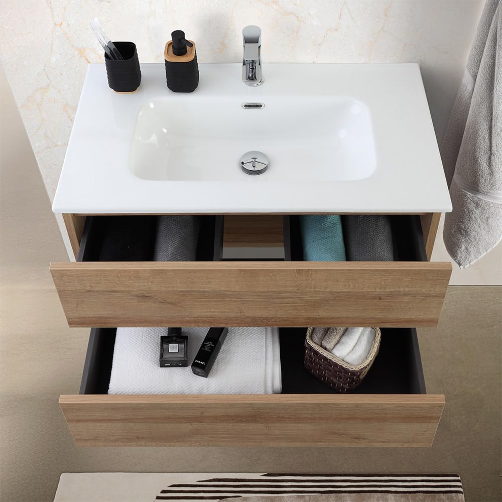 Inbagno Mobile bagno sospeso 80 cm rovere africa con 2 cassetti soft-close, lavabo in ceramica e specchio reversibile 60x80 cm, KLEO