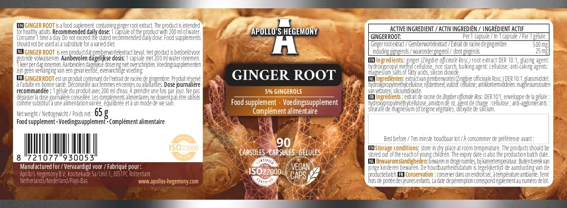 Ginger Root 500 mg, Extract contains 5% Gingerols, 90 Vegan Capsules, 3 Months Supply, Ginger Herbal Supplements for Digestive Comfort and Immune Support - by Apollo's Hegemony