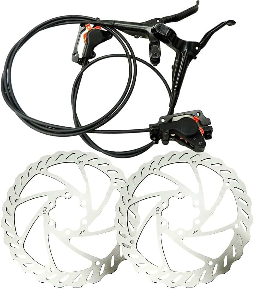 Kit de freio a disco hidráulico para bicicletas de montanha e estrada, pinça de pistão duplo com rotores de 160 mm, compatível com 6 parafusos, conjunto de freio dianteiro e traseiro, preto