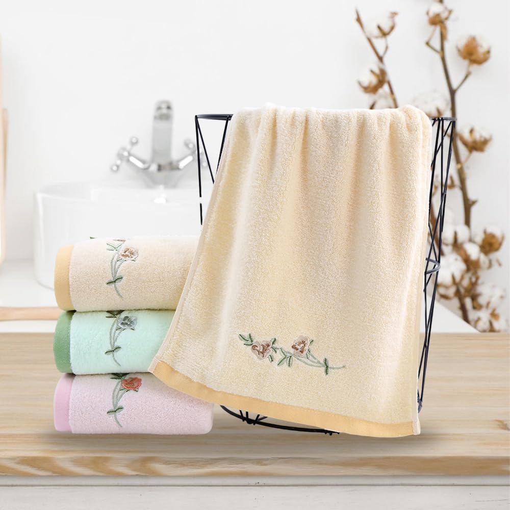 DONGKER Set 3 Asciugamani In Cotone 75x35 Cm | Con Rose Ricamate 3D E Stampa Floreale | Morbidi E Assorbenti Per Bagno E Cucina