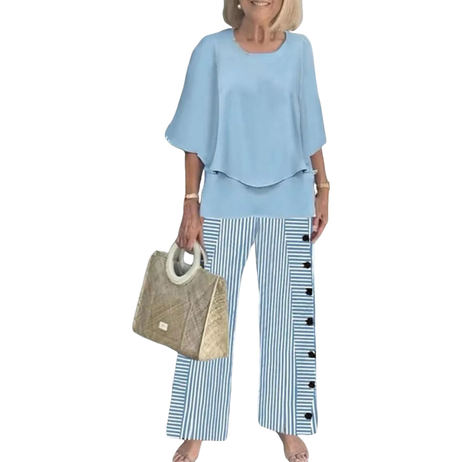Photo 1 of LOZ Lounge Sets for Women 2026 Summer Casual 3/4 Sleeve Shirts Wide Leg Pants Matching Tracksuit Sets Travel Outfits