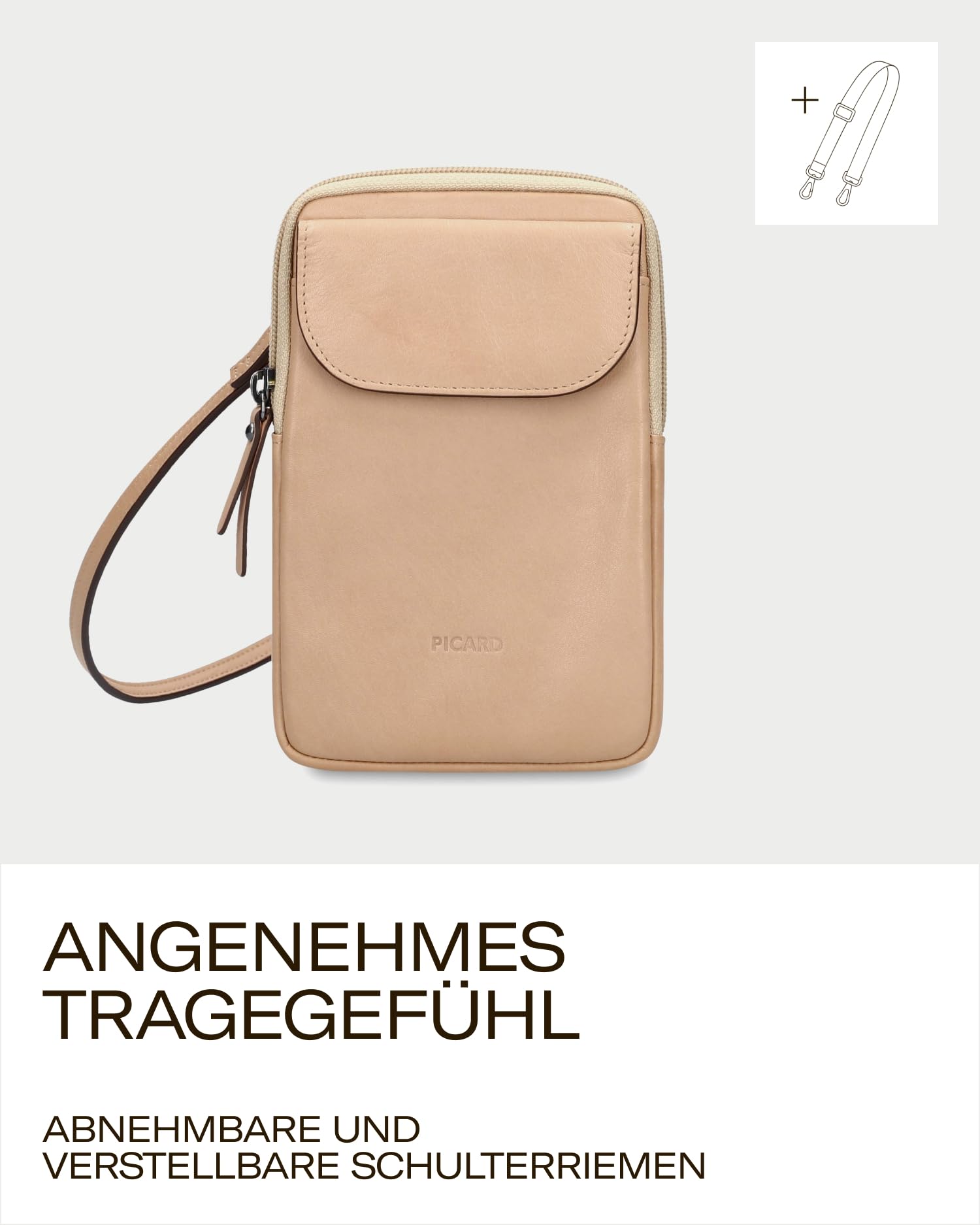 Picard Handytasche zum Umhängen Damen Noel | Handykette aus Leder mit 3 separaten Fächern gesichert durch Reißverschluss & Druckknopf | Elegant, Modern | Handy Umhängetasche