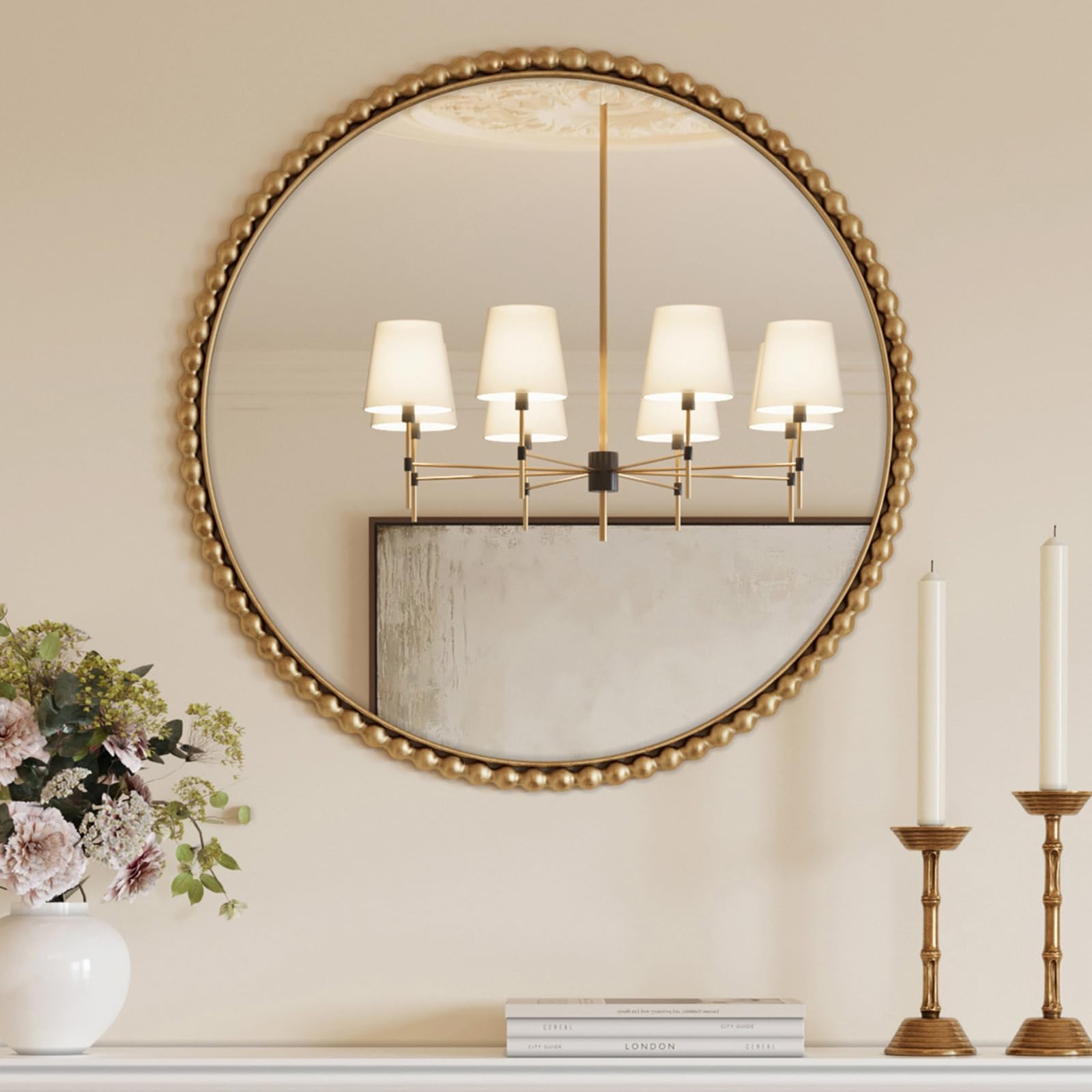 Round Gold Beaded Mirror - Circle Mirror for Wall Decor 31 inch Large with Metal Frame, Decorative Vintage Wall Art Decor Mounted Hanging for Entryway, Fireplace, Living Room, Hallway, Bathroom