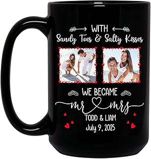 With Sandy Toes & Salty Kisses We Became Mr & Mrs Mug Cups, Personalized Couple Framer Coffee Mugs, Customized Names Couple Black Ceramic Cup 11oz 15oz, Gifts For Men & Women Wedding Anniversary