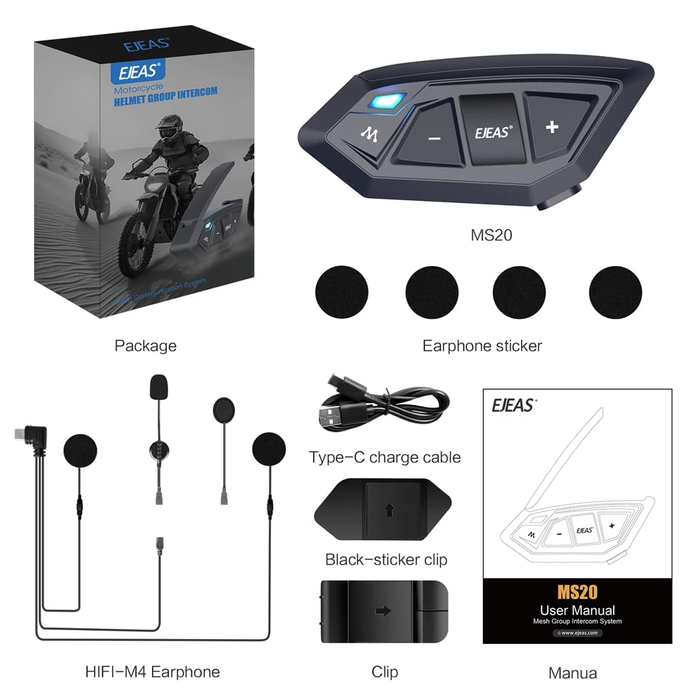 SolaMr MS20 Motocicleta Auriculares Bluetooth, 20 Riders Casco Bluetooth Intercom, 2000M 1200mAh Impermeable Motocicleta Auriculares Sistemas con Compartir Música(One Pack)