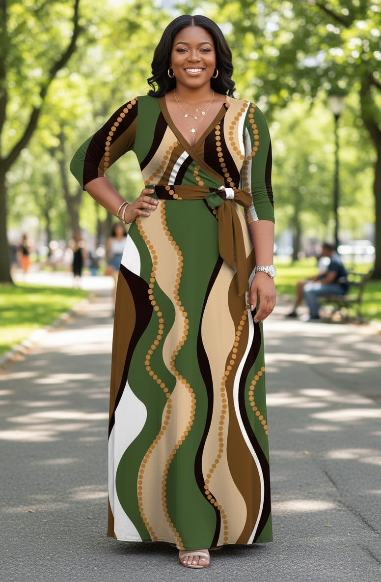 FANDEE Women's Maxi Dress V-Neck 3/4 Sleeve Casual Empire Waist Tie Belt Dress for Curvy Women