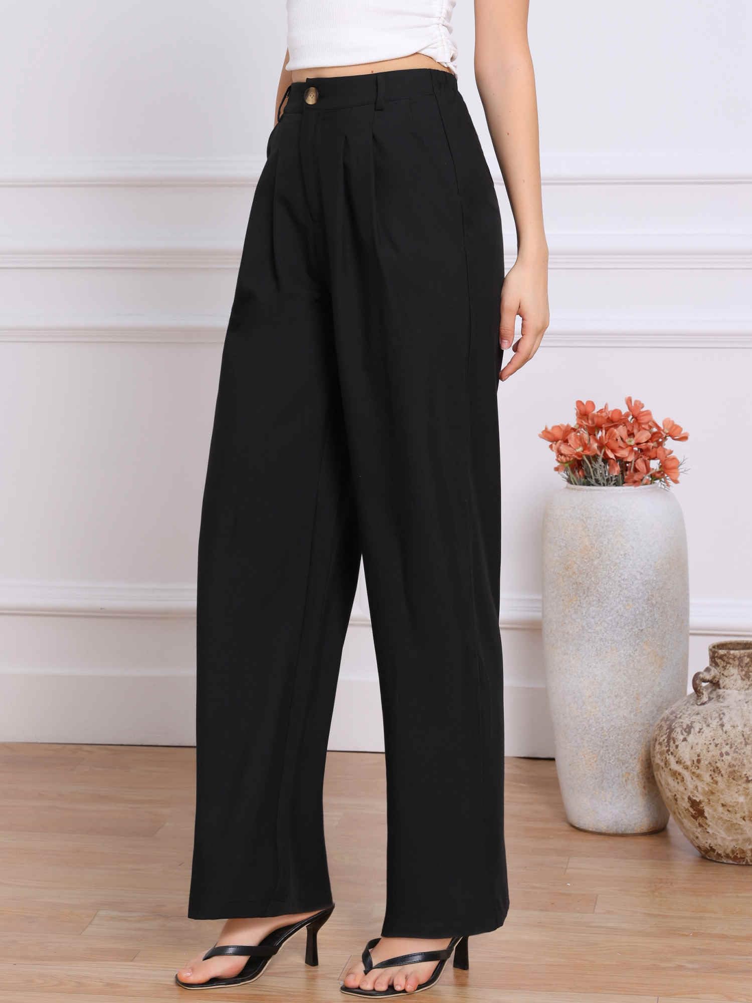 Allegra K Pantalones de pierna ancha para mujer, cintura alta elástica, pantalones de trabajo de oficina, pantalones casuales de negocios
