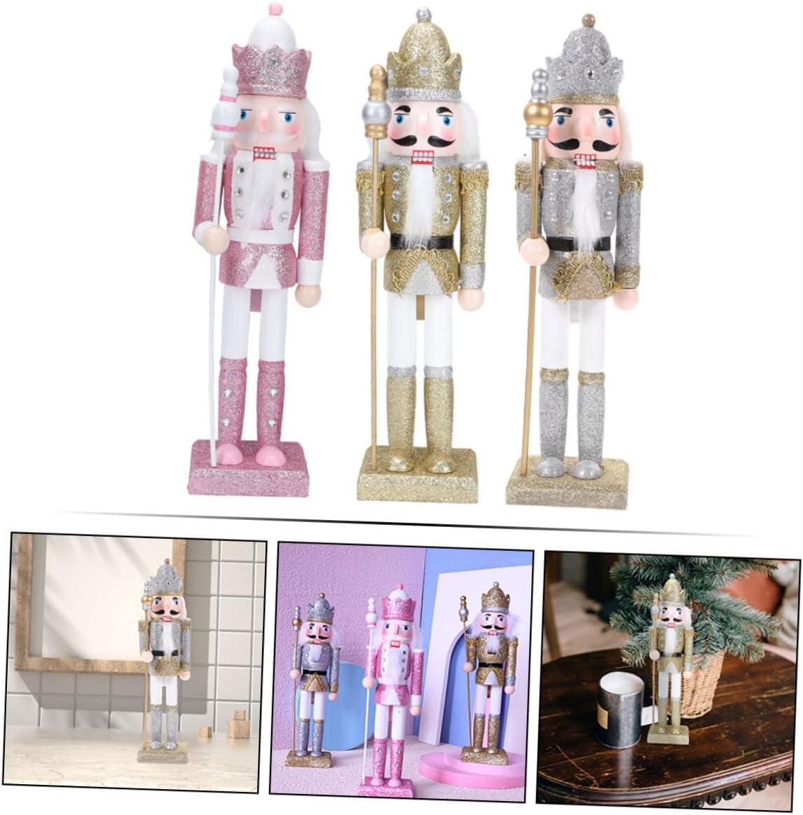 Uonlytech 3pcs Christmas Nutcracker Soldier Figurines Wood Craft Set Traditional Holiday Nutcracker Decoration Ornaments for Xmas Table and Shelf Display