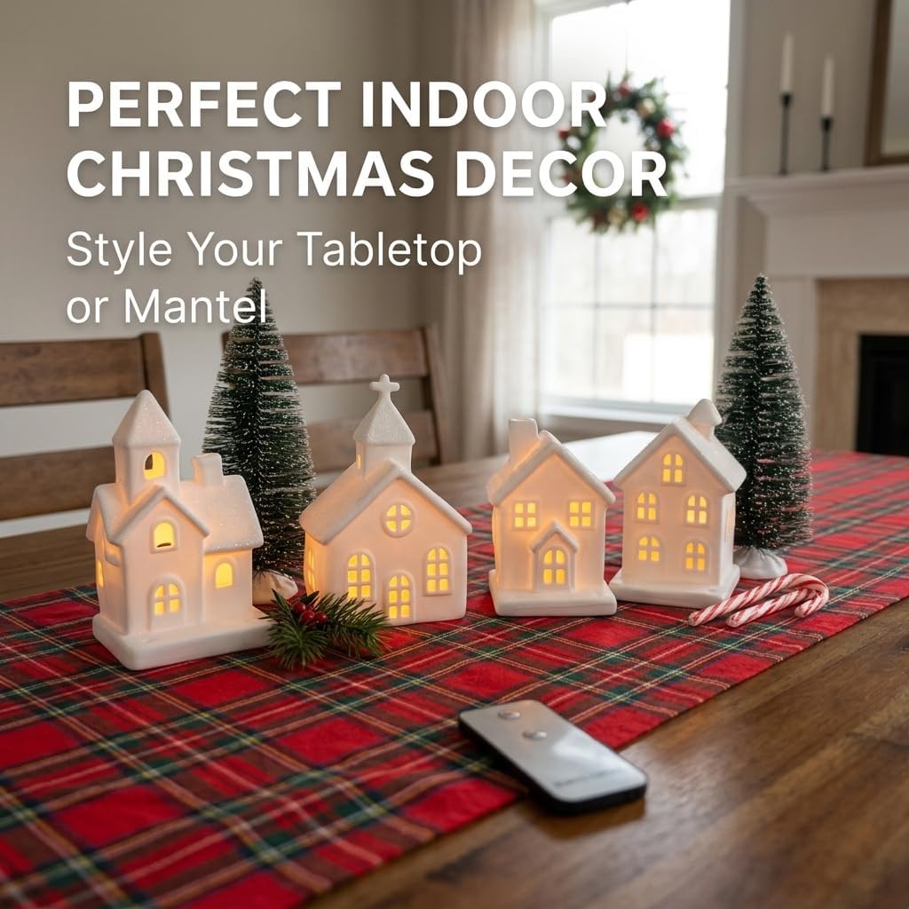 9 Pcs Christmas Village Figurines Sets - 4 Lighted Ceramic Houses with Remote Control & 5 Trees - Christmas Decorations Indoor - White Xmas Holiday Farmhouse Rustic Decor for Home Table Room