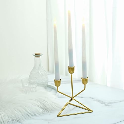 Miniatura 9 de Efavormart - Juego de 2 candelabros geométricos de metal dorado de 3 brazos con base triangular para fiestas de cumpleaños, eventos, 7 pulgadas