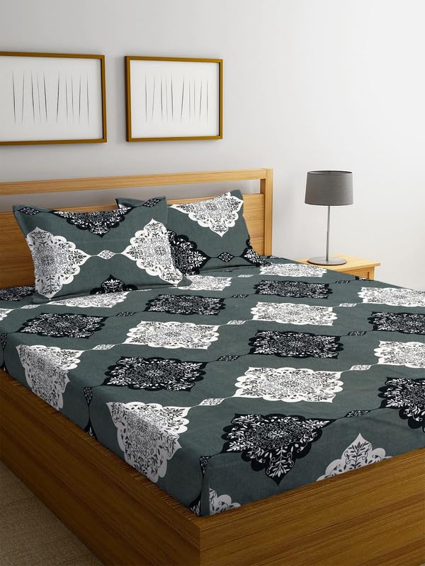 Image of la'amour 250 Tc Glace Cotton Super Soft Flat Double Bed Bedsheets with 2 Pillow Covers for Bed King Size (Size-90 X 100 Inch) (Grey and Black)