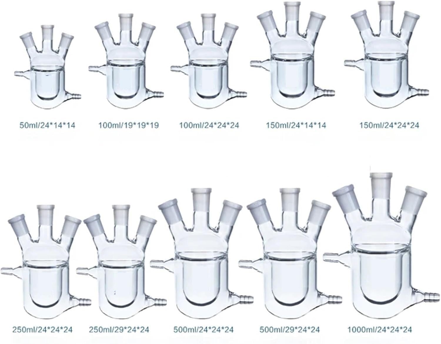 Botellas de vidrio científico, Matraz de vidrio borosilicato, fondo redondo, tres bocas, botella reacción con camisa, matraz doble capa for laboratorio(150mL19x19x19)