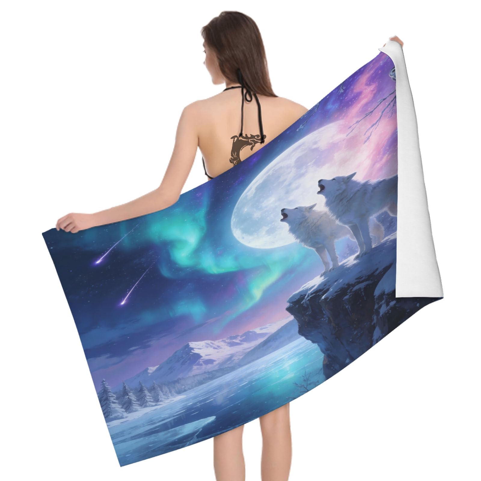 Leichong 3D Cartoon Wolf Beach Towel Microfiber Soft Quick Dry for Adults, Northern Lights Bath Towel Lightweight Soft Absorbent for Travel Swimming Pool Sports, 75 x 150 cm