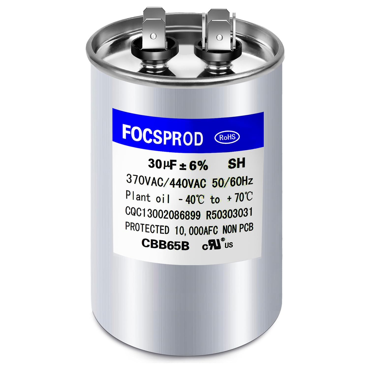 Photo 1 of [UL Recognized] FOCSPROD 30 uF 45 MFD ±6% 370V/440V CBB65B AC Capacitor, Single Run Round Capacitor Replacement, 45 uF 440 Volt HVAC for AC Unit Fan Motor or Condenser Straight