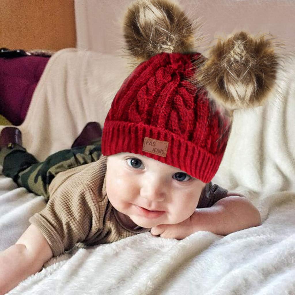 Infant Toddler Beanie Woolen Hat Pure Color Winter Twist Double Pom Pom Wool Knitted Cap for 0-8 Years Old…