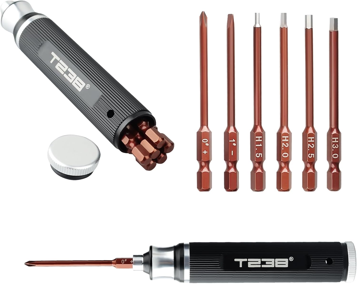 T238-Hex Screw Driver Set, Storage Hexagon Screwdriver Tool Kit for Airsoft Tool Multi-Axis FPV Racing Drone RC Quadcopter Helicopter Car Models（1.5MM/2.0MM/2.5MM/3.0MM / Slotted&Cross 3.0MM）