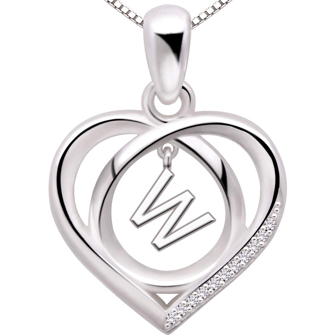 ALOV Jewelry Sterling Silver Initial Letter Alphabet Love Heart Cubic Zirconia Pendant Necklace