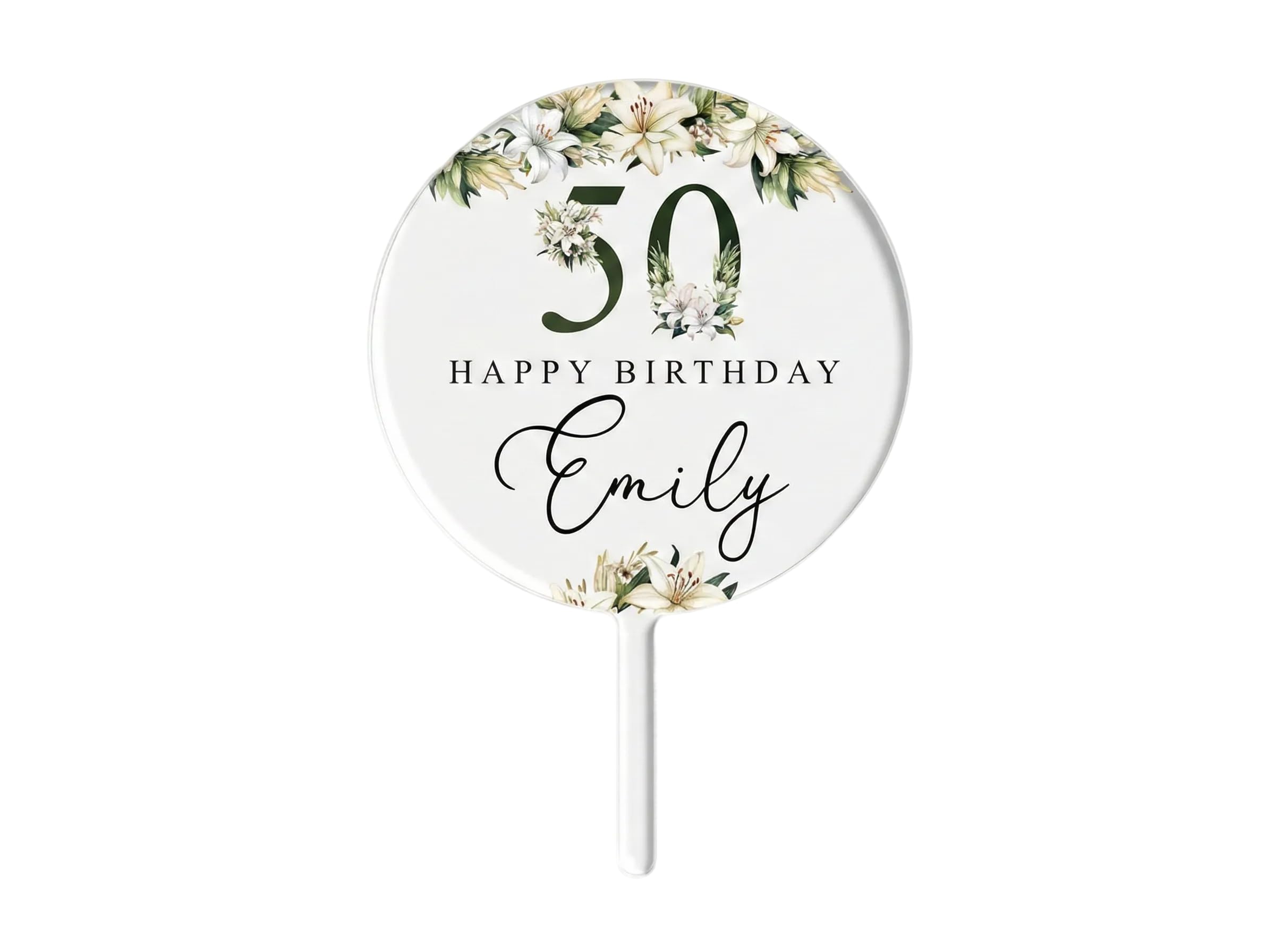 Personalised Floral Birthday Cake Topper with White Lily Design, 10 cm, Clear Acrylic