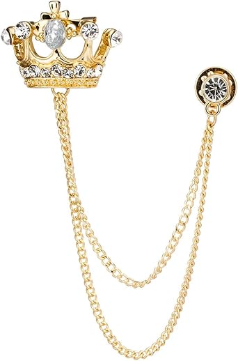 Brooch Lapel Pin for Men Golden Stone Crown with Hanging Chain Golden Badge Coat Suit Wedding Gift Party Shirt Collar Accessories
