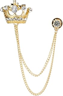 Men's Golden Crown With Hanging Chain Lapel Pin - Crystal Suit Stud With Vintage Rhinestone - Wedding Brooch Pin