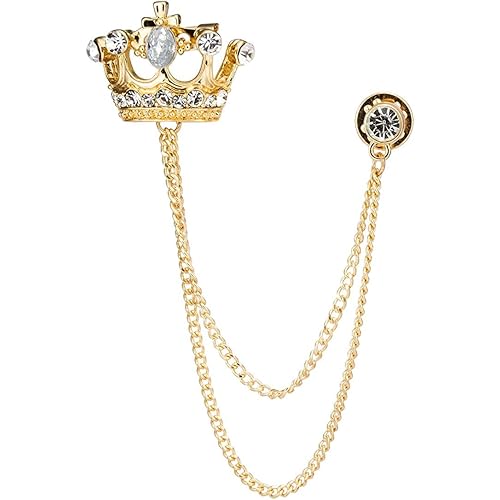 Knighthood Men's Golden Crown with Hanging Chain Brooch Golden Lapel pin Crystal Brooch Suit Stud Lapel Pin Vintage Rhinestone Wedding Brooch Pin