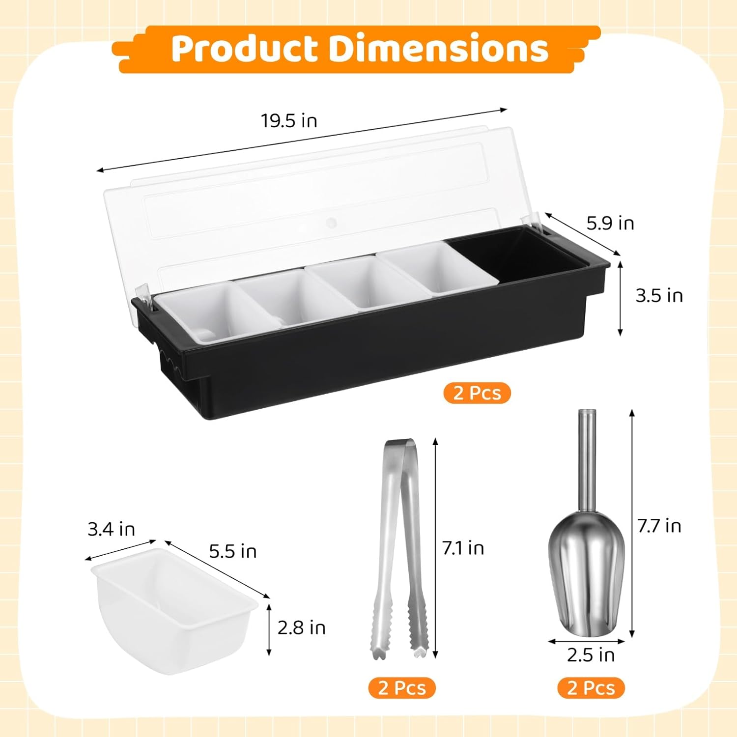 yeesport 2 Pcs 5-Compartment Condiment Dispensers, Chilled Fruit Veggie Caddies with Lids, Ice Cooled Food Serving Containers, Includes Tongs and Scoops, Bar Garnish Trays for Snacks and Sauce