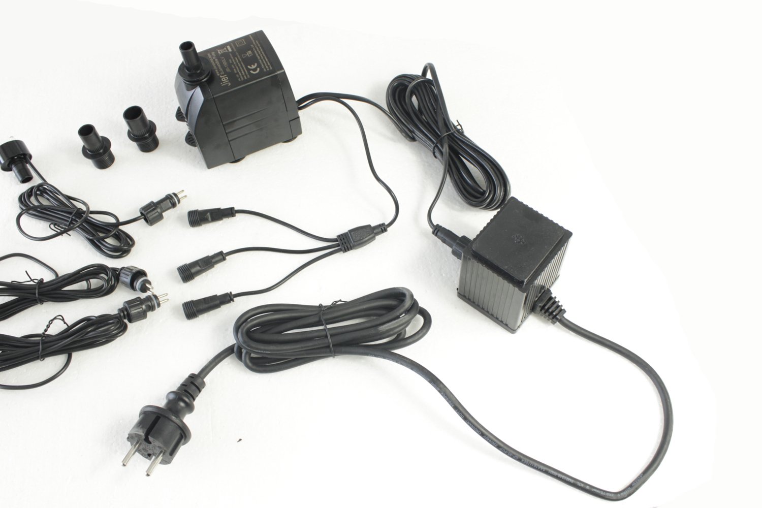 Pompa do fontanny, kompletny zestaw z 3 diodami LED, w zestawie 3-drożny adapter węża, wąż i uszczelki piankowe (1500 l/h, zimna biel)