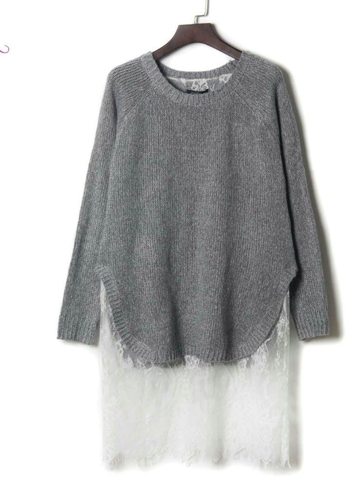 Grey Knitted Lace Panel Sweater Dress Long Sleeve Fake Two Piece Loose Casual Round Neck Spring Autumn Pullover