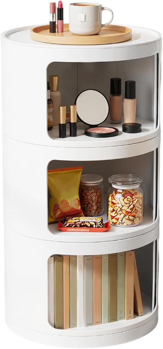 3-Tier Round Storage Cabinet with Doors Handles - Modern Bedside Table, Cylinder Organizer for Bedroom, Living Room, Easy Assembly & Dust-Proof Design (White)