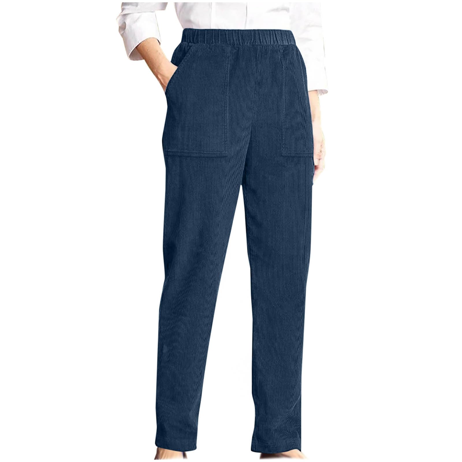 Women Corduroy Pants Trendy Straight Leg Work Pants Casual Cozy Elastic Waist Joggers for Office Business with Pocket