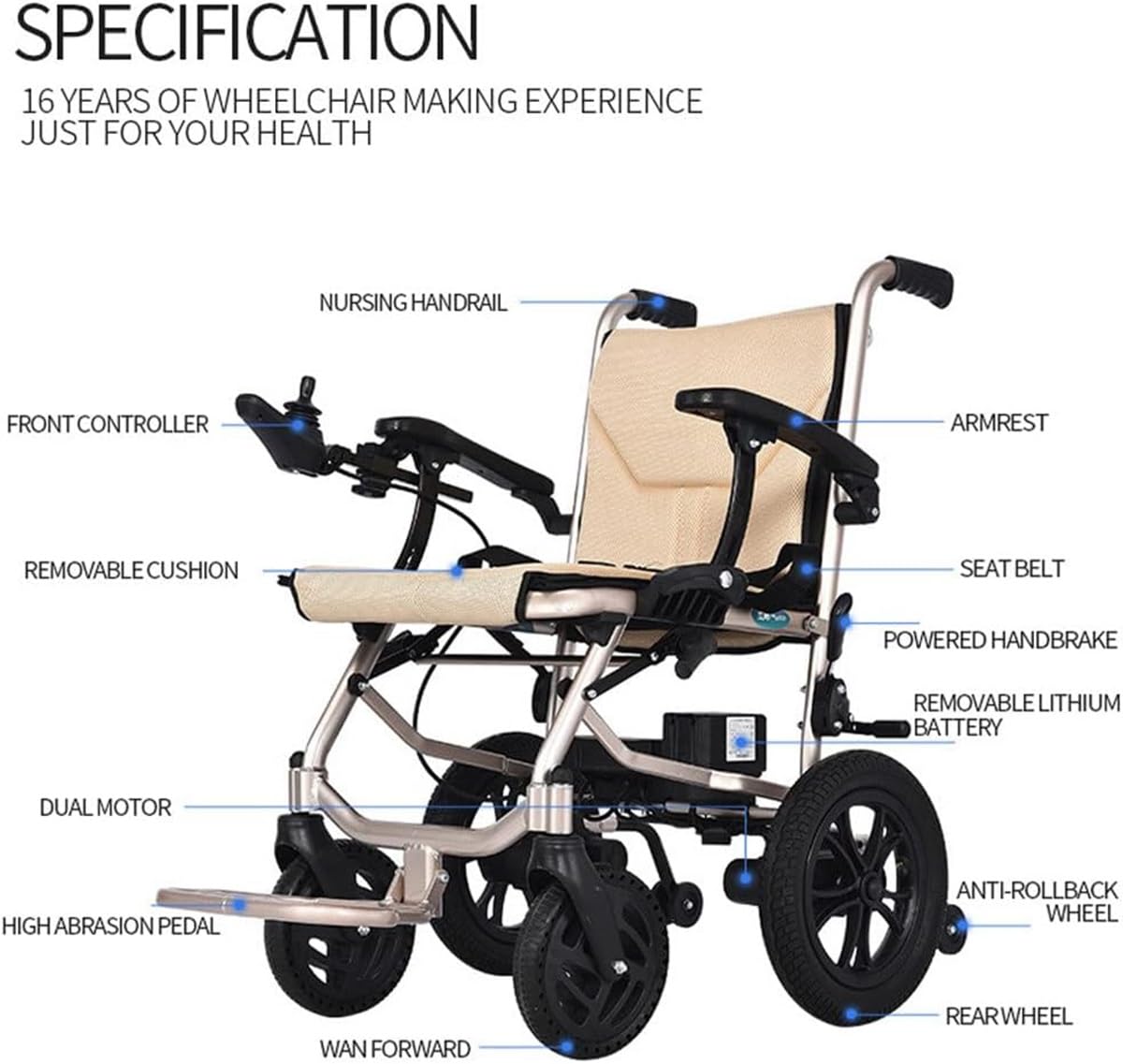 DaoGeSir Sedie A Rotelle Elettriche Pieghevoli per Adulti Anziani Ortopedica Transit Chair di Viaggio Resistente Semoventi Sedia A Rotelle con Braccioli Ribaltabili E Cintura di Sicurezza