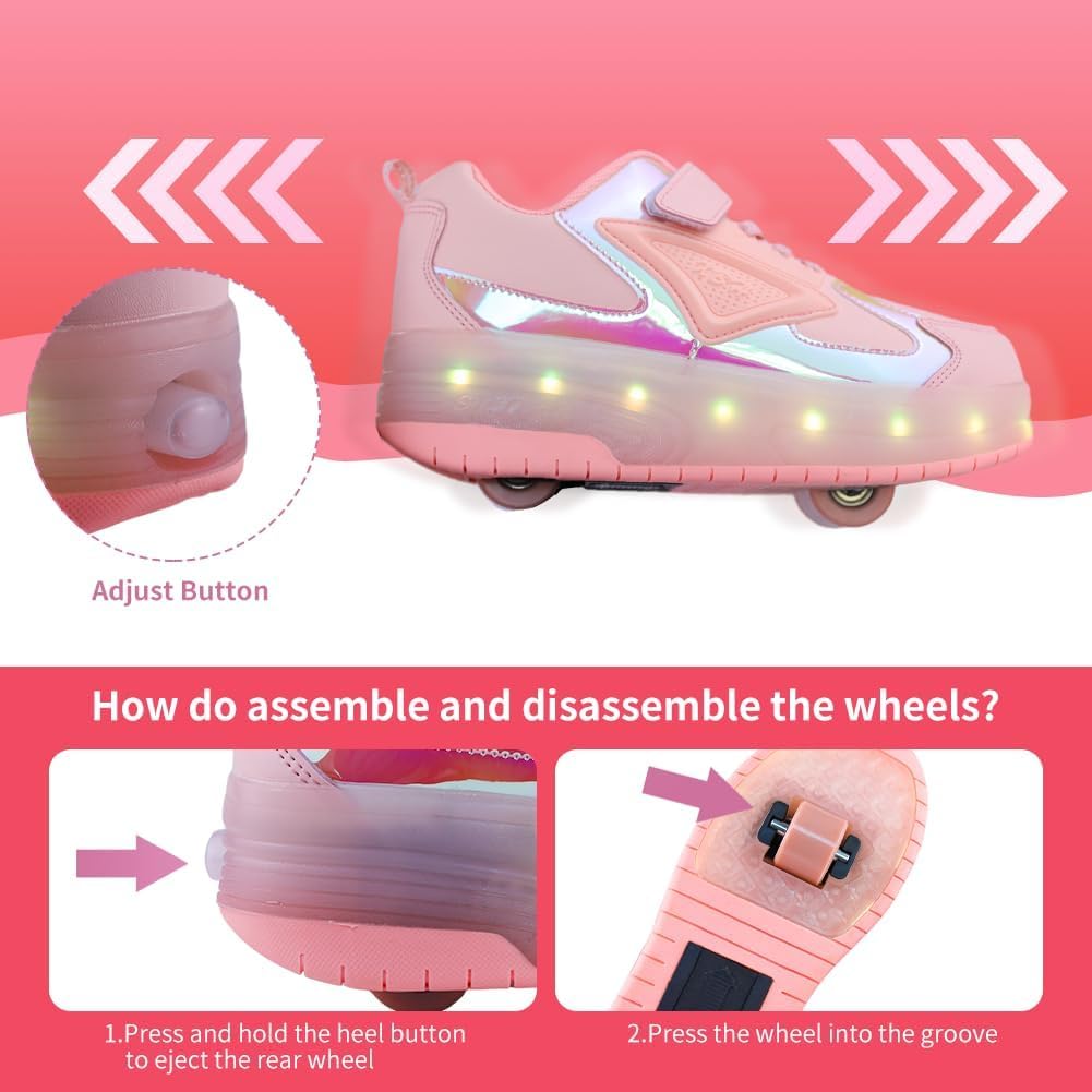 Kids Shoes with Wheels - 4 in 1 Light-Up Roller Shoes with USB Rechargeable LED Sneakers for School Christmas Party Gifts