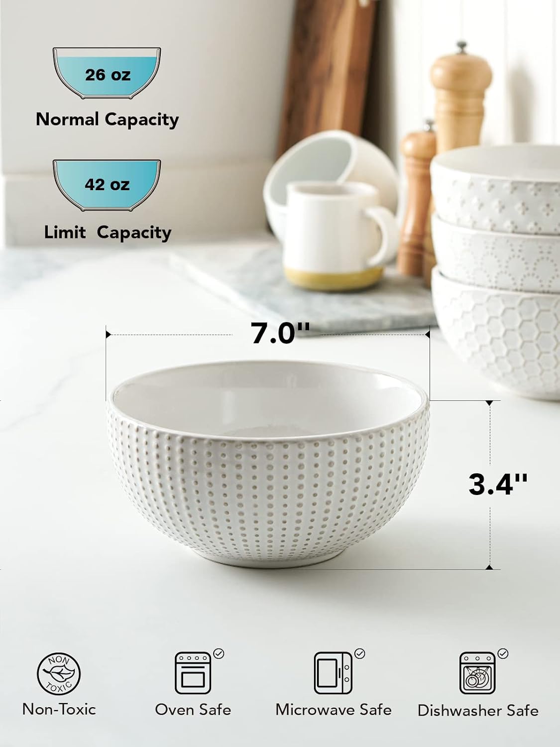 LE TAUCI Large Soup Bowl 42 OZ, Ceramic Kitchen Bowl Set for Soup, Pho, Chip, Pasta, Fruits, Salad, Noodle and Ramen- 7 Inch, Set of 4, Arctic white image 4