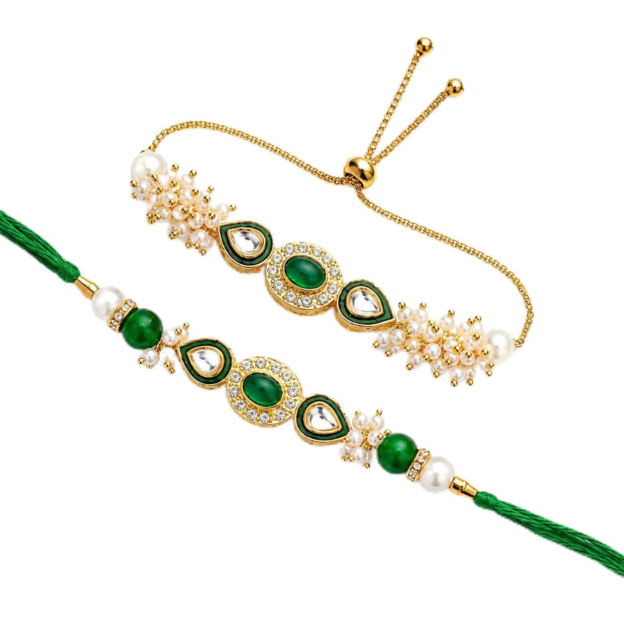 DORI Green Stone Bhaiya Bhabhi Rakhi & Bracelet Combo | Premium Kundan Pearl Lumba Set | Adjustable Gold Finish Bracelet | Raksha Bandhan Gift-image-38