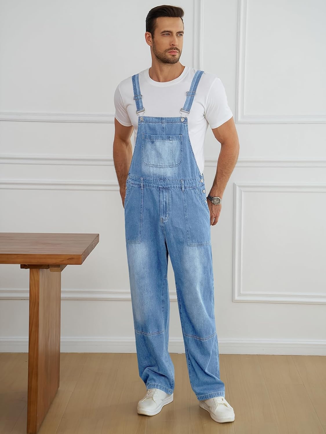 Runcati Men's Denim Bib Overall Jean Romper Casual Fashion Workwear Adjustable Strap Loose Fit Hip Hop Jumpsuit - Image 2