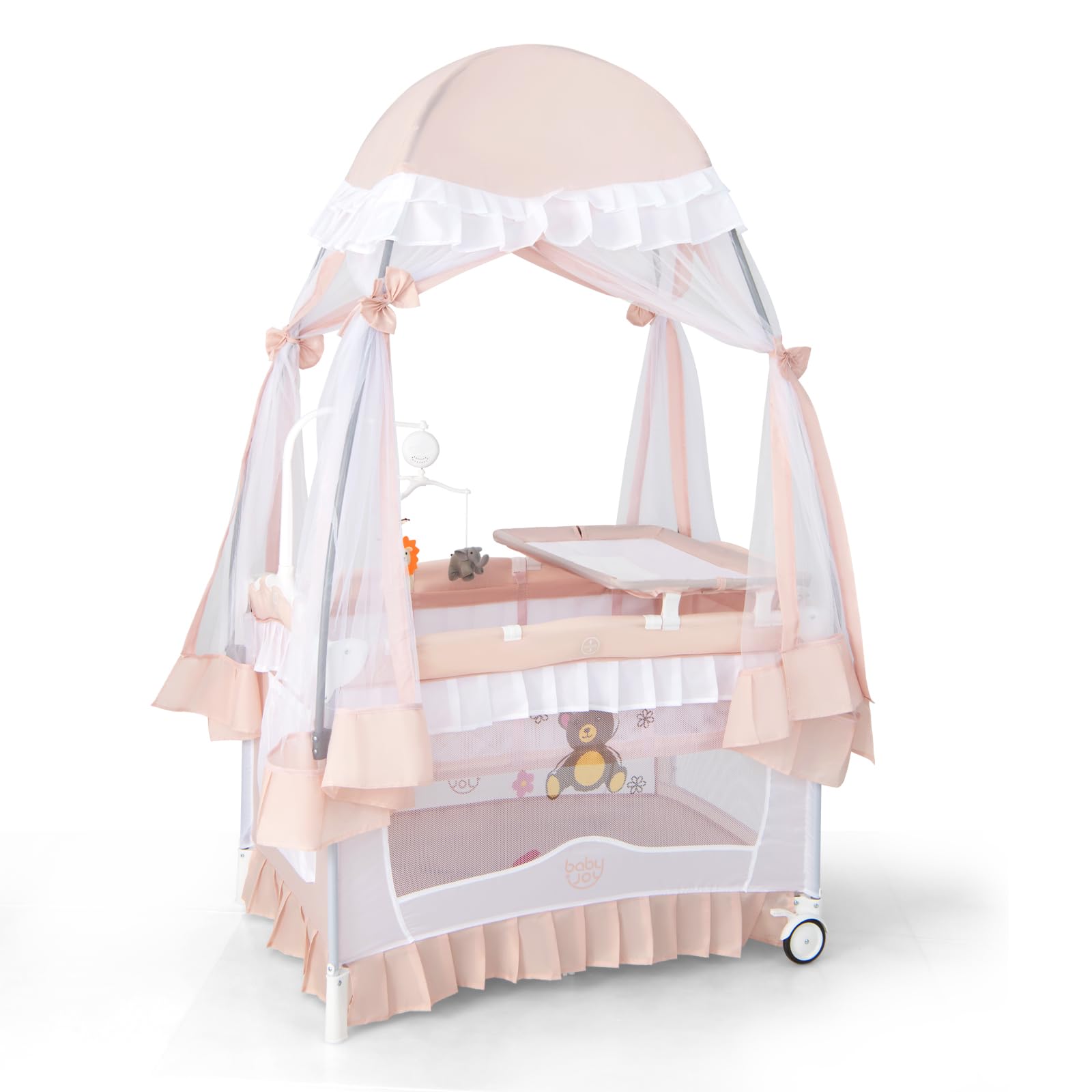 COSTWAY 4 en 1 Cuna Portátil, Moisés Convertible con Cambiador Desmontable, Cama Cuna Plegable con Red Desmontable y Ruedas Bloqueables, Caja de Música y Juguetes Giratorios,Bolsa de Transporte (Rosa)