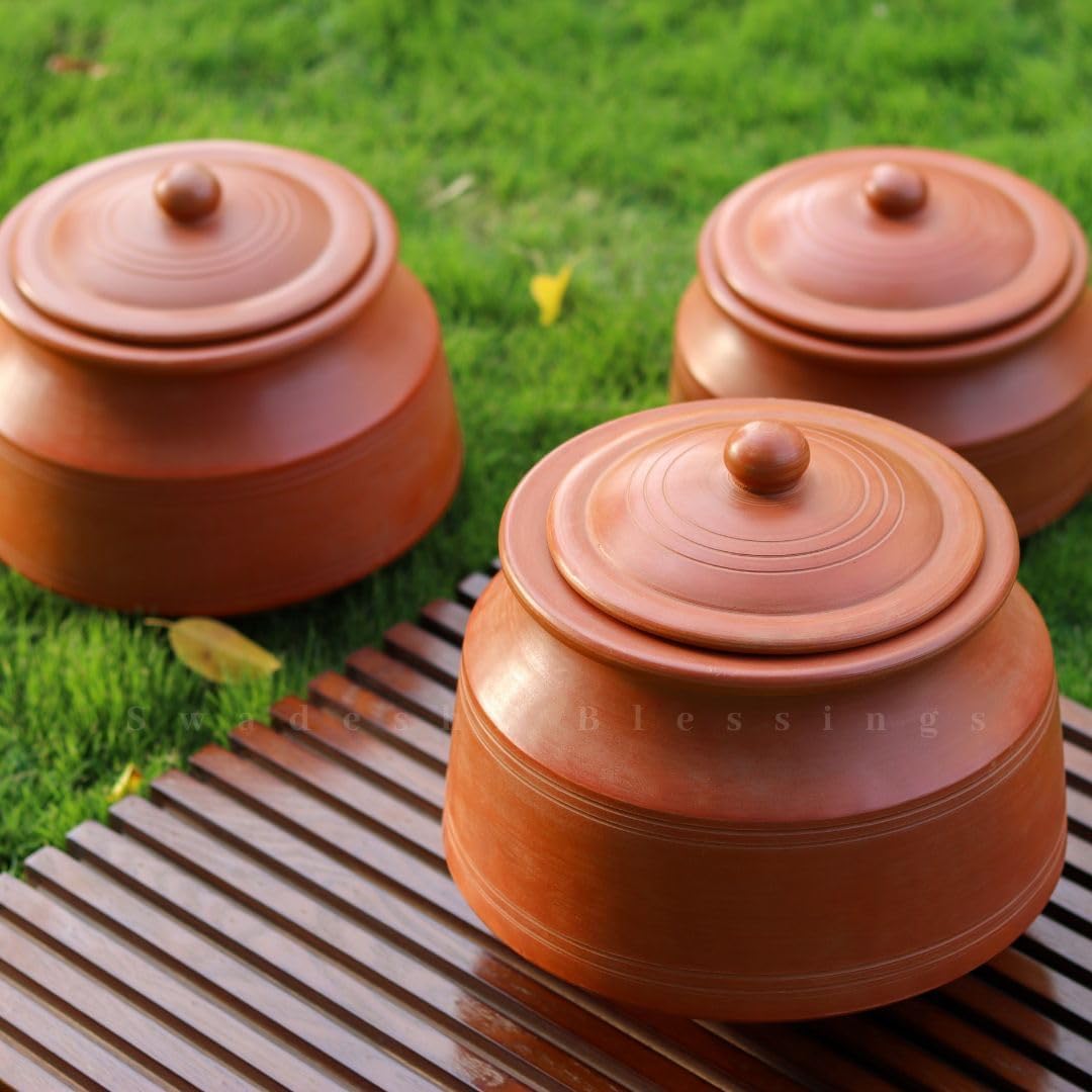 Swadeshi Blessings Unglazed Clay Pot for Cooking with Lid/Clay Cooking Pot/Earthen Pot/Clay Handi/Earthen Kadai/Curry, Biryani Pots & FREE ASH For Cleaning (3 Liters)