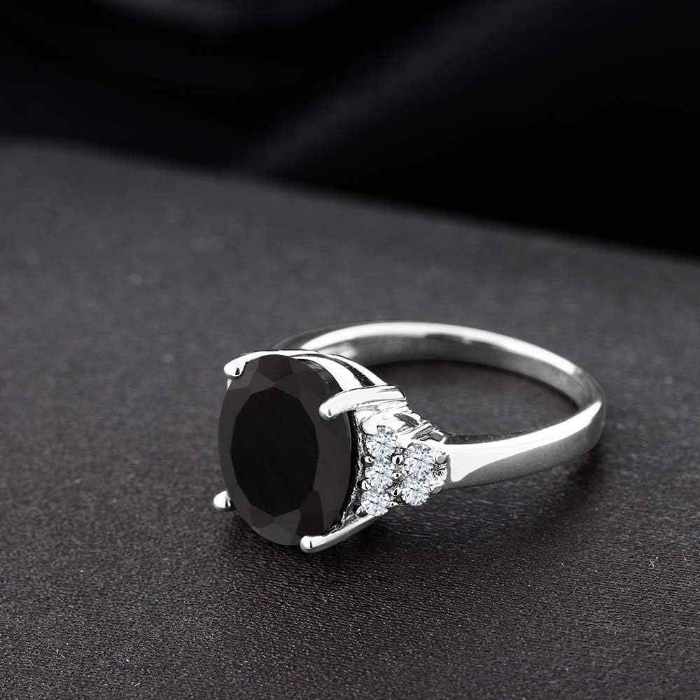 Gem Stone King 4.30 Cttw Black Onyx Engagement Ring For Women | 925 Sterling Silver | Oval 12X10MM | Gemstone Birthstone | Wedding Engagement Anniversary Promise Ring For Women